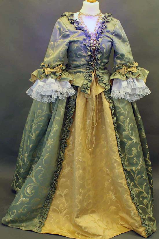 Green and Gold flowing period Restoration  dress