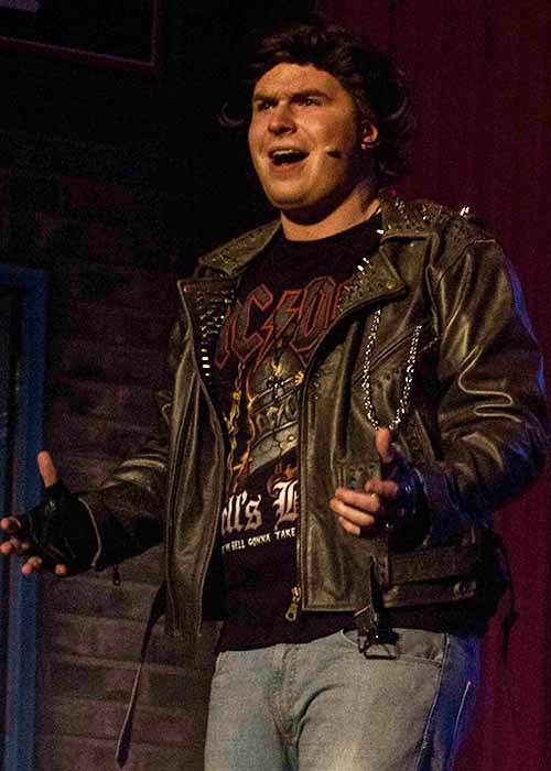Rock of Ages - Drew costume hire. Brown painted leater jacket.