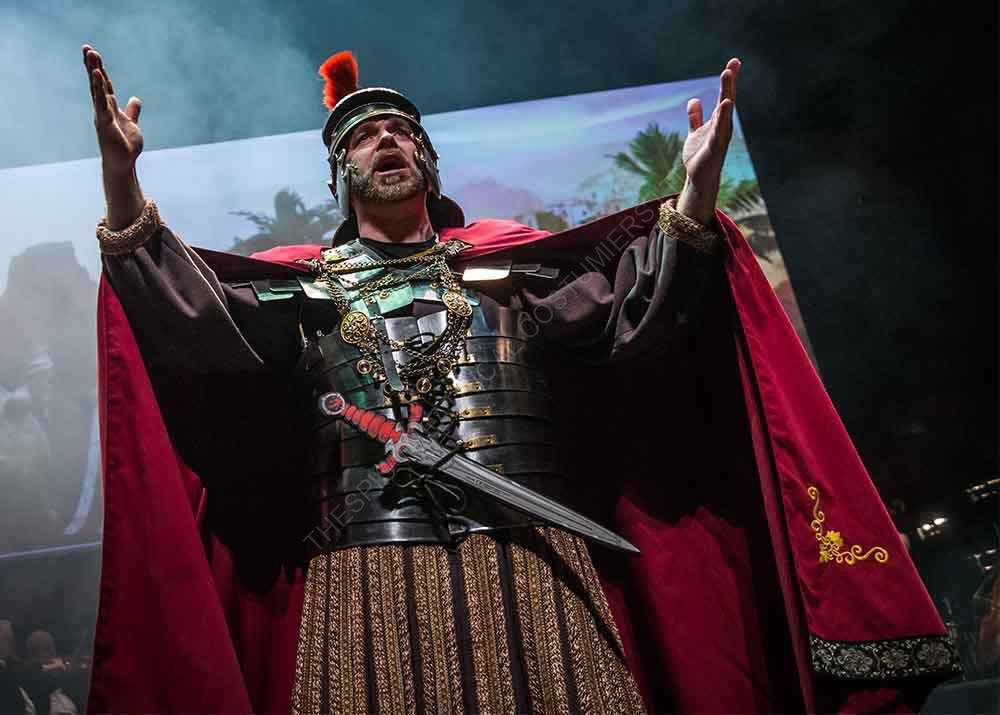 All metal Roman chest and back armour. With helmet cape and skirt for hire as part of Phantom of the Opera costume set.